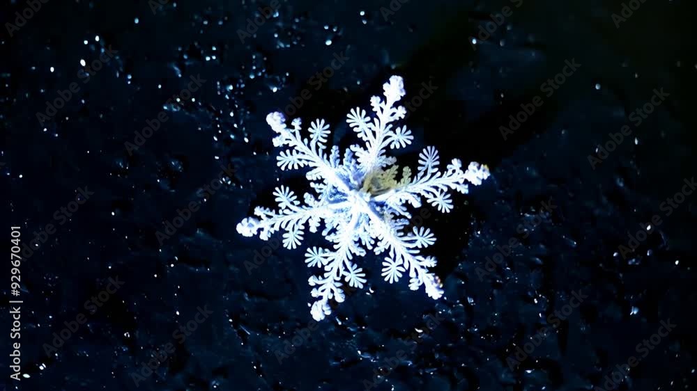 Poster close-up view of a snowflake resting on a dark surface during winter