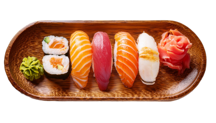 Traditional Japanese Sushi On wooden Plate