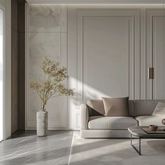 Aesthetic elegant classic interior design. Clear mock up empty wall for decoration in the apartment. Copy space in the room with moldings. Neutral palette of natural colors.