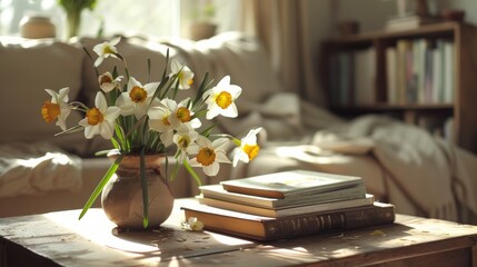 Vase with narcissus flowers and books on coffee table in living room