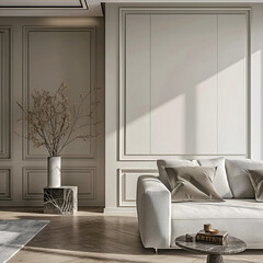 Aesthetic elegant classic interior design. Clear mock up empty wall for decoration in the apartment. Copy space in the room with moldings. Neutral palette of natural colors.