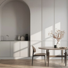 Aesthetic elegant classic interior design. Clear mock up empty wall for decoration in the apartment. Copy space in the room with moldings. Neutral palette of natural colors.
