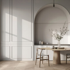 Aesthetic elegant classic interior design. Clear mock up empty wall for decoration in the apartment. Copy space in the room with moldings. Neutral palette of natural colors.