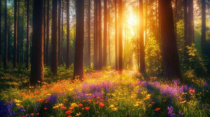 Fototapeta premium A serene forest scene with colorful flowers and sunlight filtering through tall trees.