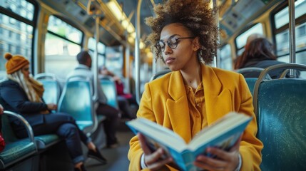 LGBTQ individual commuting by public transport, reading a book, diverse passengers around, inclusive urban commute, professional attire, morning routine, focused and prepared