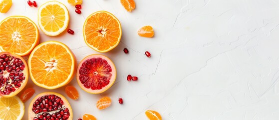 A fresh assortment of sliced citrus fruits and pomegranate seeds on a white marble background, showcasing vibrant colors and healthy choices.