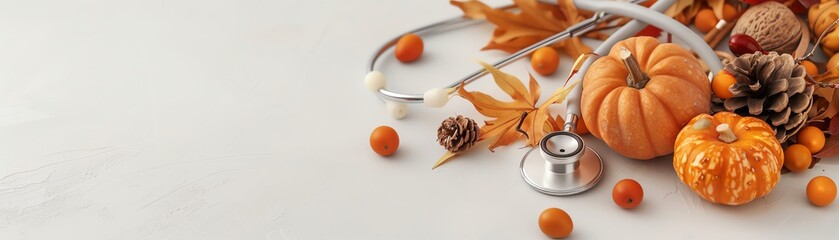 Autumn medical theme with stethoscope, pumpkins, leaves, and pine cones on white background. Seasonal healthcare concept.