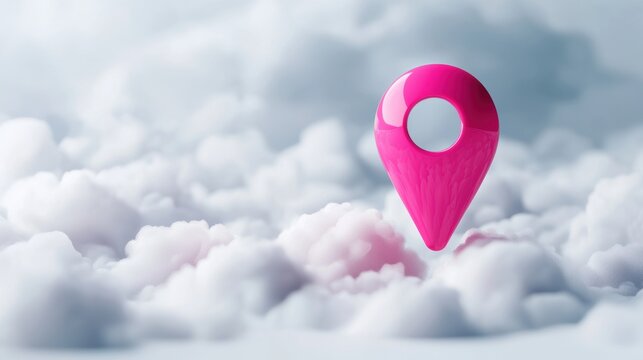 Pink location pin floating in fluffy clouds Bright pink location pin floating in a dreamy, cloud-filled scene, symbolizing navigation and exploration in a whimsical, surreal setting