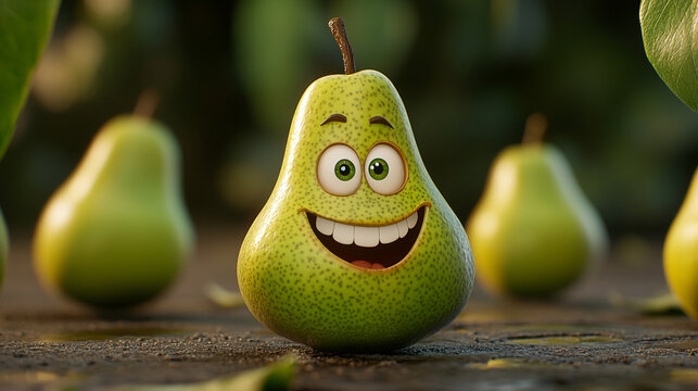 A cheerful animated pear character smiling amid fresh pears in a natural setting during daylight