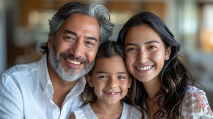 Fototapeta premium A smiling family trio gets together for a cheerful portrait indoors during daytime at a cozy home setting