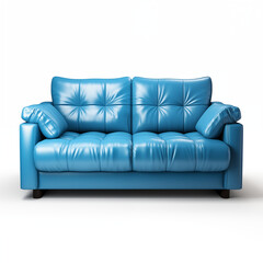 Fototapeta premium Blue Leather Sofa with Pillows Isolated on White Background