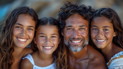 Family enjoying a sunny day at the beach, smiling together in a close-up portrait amidst soft sand and gentle waves