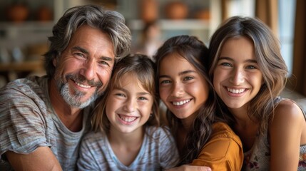 Fototapeta premium Family enjoying time together in a cozy indoor setting, smiling and embracing each other during a joyful gathering