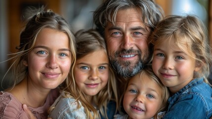 Fototapeta premium A joyful family poses closely together with smiles in a cozy indoor setting during bright daylight