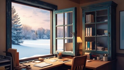 Naklejka premium Winter view from inside a cozy office space