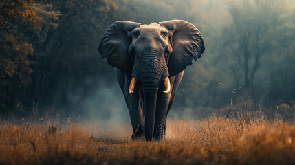 Naklejka premium An elephant walks through a misty, golden grassland during early morning light in a serene wilderness
