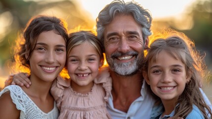 Obraz premium A grandfather enjoying a sunset with his three smiling granddaughters at a park