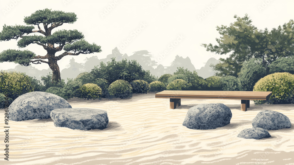 Poster a serene scene of a bench in a park with a large rock in front of it. the bench is empty and the sun