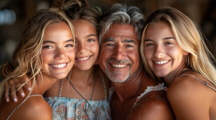 Fototapeta premium A joyful family group hug on a sunny day at the beach, capturing moments of love and connection
