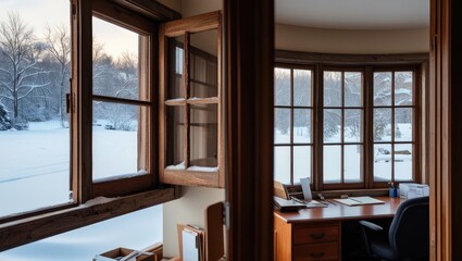 Winter view from inside a cozy office space