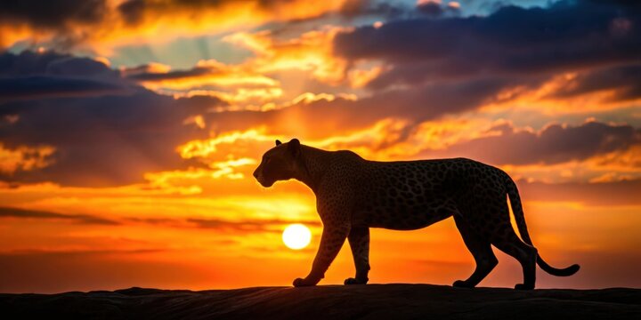 Jaguar silhouette against a stunning sunset in Axim Ghana, West Africa , wildlife, majestic, Africa, gold coast, sunset