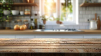 Wood table top on blurred kitchen background. can be used mock up for montage products display or design layout