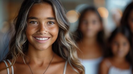 Obraz premium Young girl smiles warmly while standing in a bright indoor space with friends during the afternoon