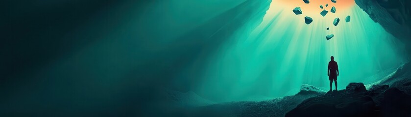 Fototapeta premium Darkened room highlighted by a deep, ominous hole, steady stream of rocks falling, evoking a sense of foreboding