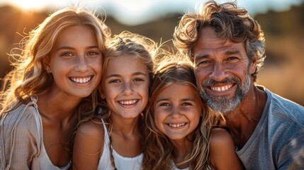 Fototapeta premium Happy family of four enjoying a sunset in a grassy field, sharing smiles and laughter together