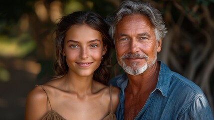 Fototapeta premium Smiling young woman and older man posing together outdoors in natural setting during daylight