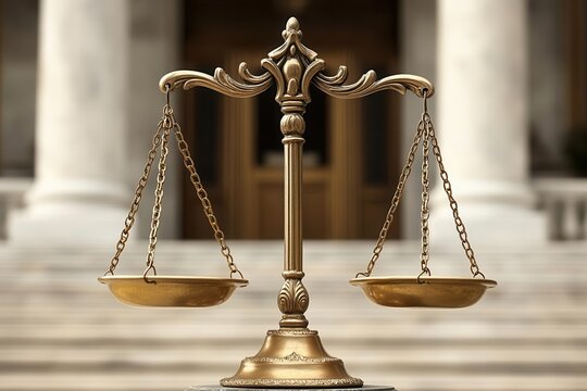 Golden scales in front of a classical courthouse, conveying a sense of timeless justice and institutional stability