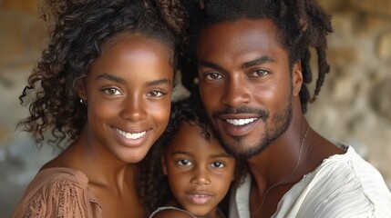 Fototapeta premium Family portrait with joyful expressions taken in natural light, highlighting love and connection in a warm environment