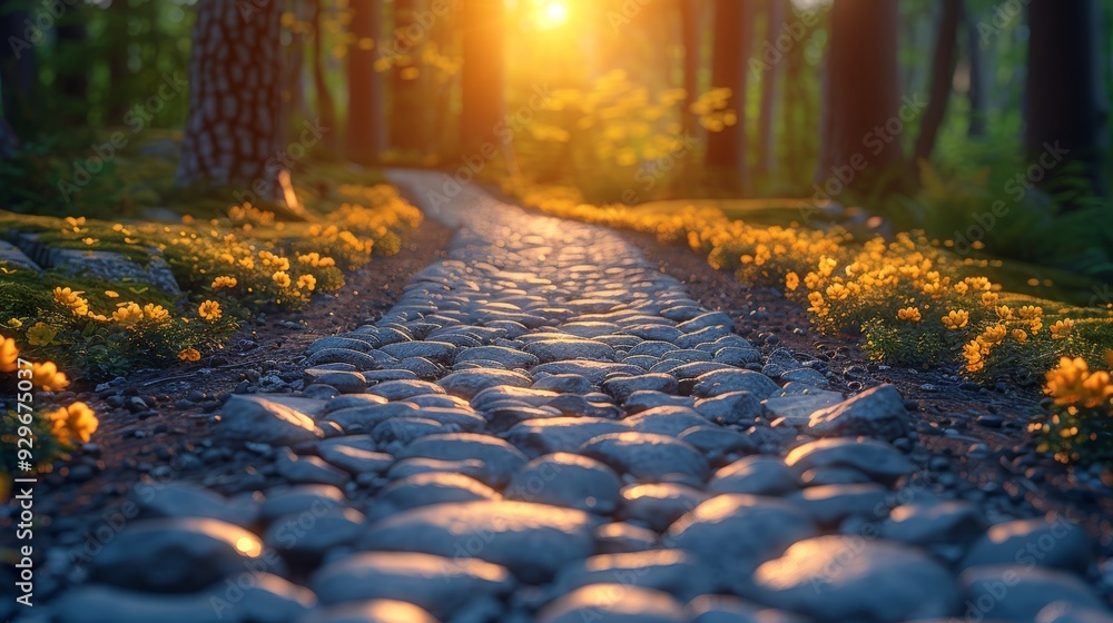 Aufkleber sunset illuminating a cobblestone path through a forest with blooming flowers in spring