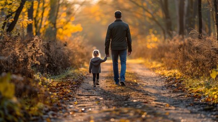 Obraz premium Father and daughter walking hand in hand on a forest path during autumn at sunset