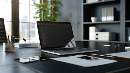 workspace area with laptop tablet smartphone and paperwork on the table in the office concept