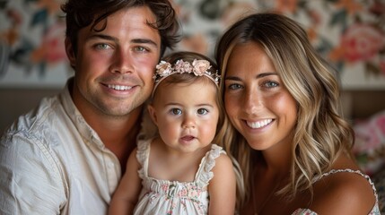 Fototapeta premium Family portrait featuring a couple and their young daughter in a cozy home setting during the afternoon