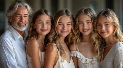 Fototapeta premium Family portrait of four young girls with an older man in a warm, natural setting during daylight