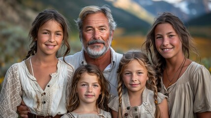 Obraz premium A grandfather with four grandchildren in a scenic mountain landscape during autumn