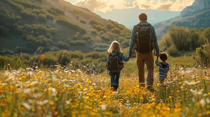 Family hiking in a vibrant wildflower meadow during sunset in the mountains