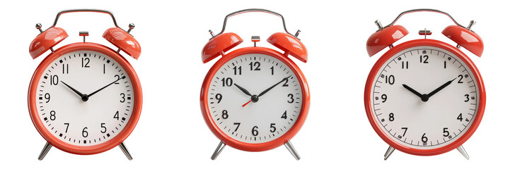 Vintage alarm clocks with bells on top in red color isolated on transparent background