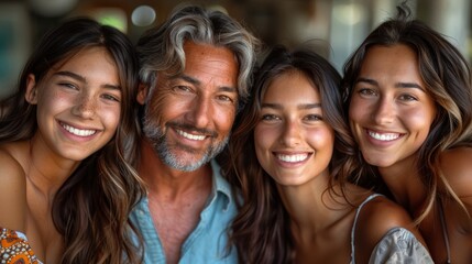Fototapeta premium Family reunion with four smiling individuals enjoying a sunny afternoon indoors in a cozy setting