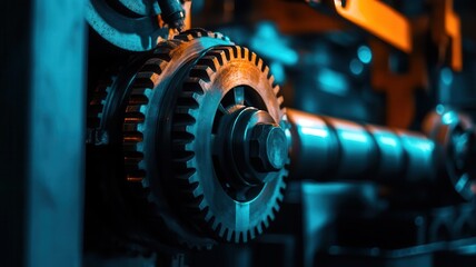 Fototapeta premium Close-up of industrial machinery gears in low light, highlighting the intricate details and engineering craftsmanship.