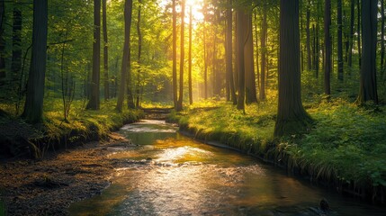 A serene forest scene with sunlight filtering through trees and a gentle stream.