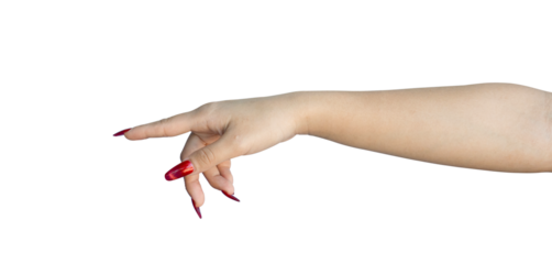 Beautiful female hand with red manicure pointing to something isolated on transparent background, PNG File Format
