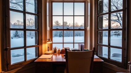 Winter view from inside a cozy office space