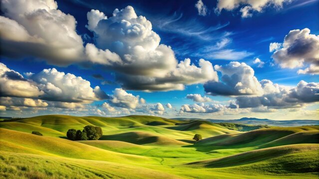 Landscape of rolling hills with fluffy clouds in a clear blue sky, scenic, outdoors, nature, serene, peaceful