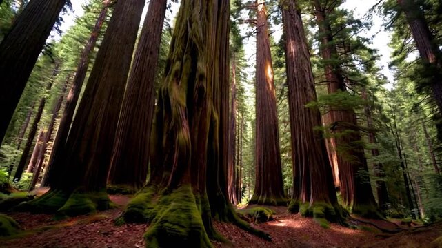Exploring ancient sequoia trees in a lush forest at midday