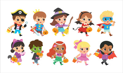 Set of Children dressed in Halloween costumes to go Trick or Treating. Characters in spooky holiday. Cute kids in Witch, prince, pirate, mermaid, Hero, Devil , cat and spooky pumpkin.