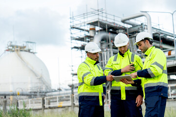 Group of factory engineer or technician workers with one hold tablet and the other point to and they also stand in front of refining and petrochemical factory and tank with day light.