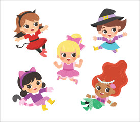 Set of Children dressed in Halloween costumes to go Trick or Treating. Characters in spooky holiday. Cute kids in Witch, princess, mermaid, Devil and cat.